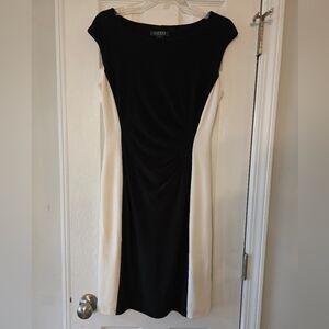 Ralph Lauren Black and White Cap-Sleeve Midi Sheath Dress, Size 8